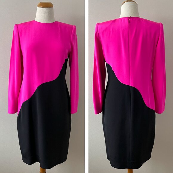 Vintage 80s/90s David Hayes Silk Dress – Hot Pink & Black Colour Block - Picture 2 of 11